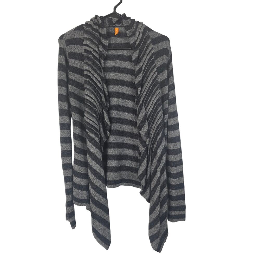 Lucy Ruffled Lagen Look Sweater XS Womens‎ Black Grey Striped Open Asymmetric